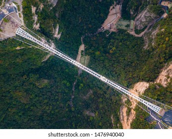 Aerial Top View Of Zhangjiajie Grand Canyon And Glass Bridge On Sky, China