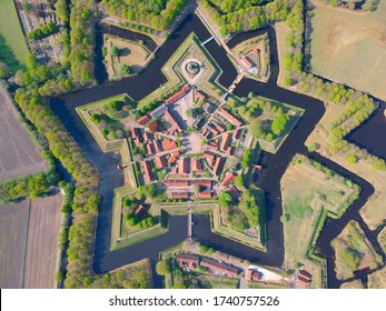 Aerial topdown view of star-shaped Fort Bourtange, Groningen, The Netherlands