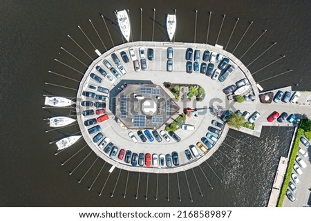 Aerial topshot from boats and cars at the jetty in Friesland the Netherlands