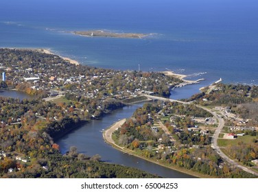 Aerial Townscape Along The Saugeen River Southampton,  Ontario Canada 