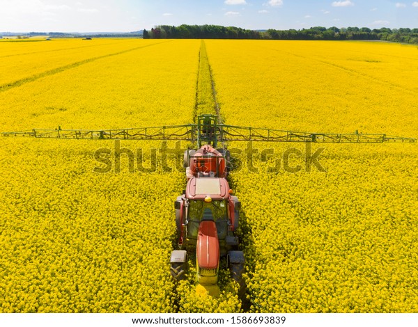 Aerial Of Tractor Spraying Oilseed Rape Crop\
With Pesticide