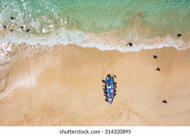 Aerial of a traditional fisher boat in Santa Maria  in Sal Island in Cape Verde - Cabo Verde