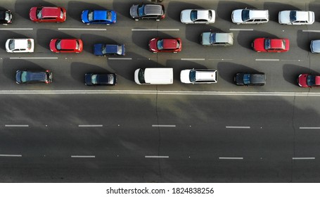 Aerial. Traffic Jam With Cars On A Highway. Peak Hour. Top View From Drone.