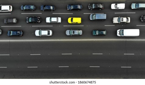 Aerial. Traffic Jam With Cars On A Highway. Peak Hour. Top View From Drone.