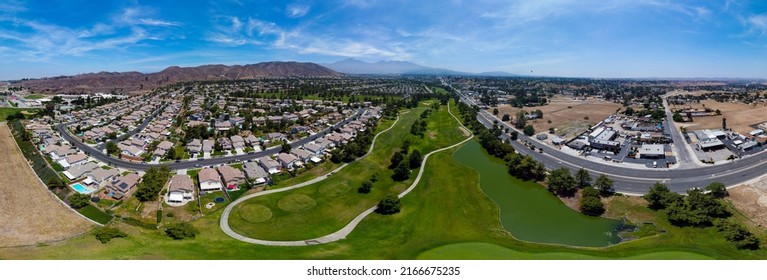 An Aerial UAV Drone California Golf Course Panorama In A Small City