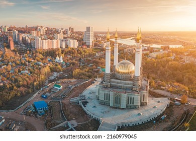 Aerial unusual view of a majestic mosque Ar-Rahim in Ufa. Muslim and religion architecture concept