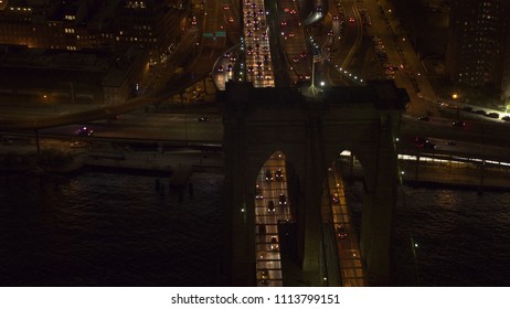 AERIAL: Vehicles Stuck In Gridlock On Heavy Traffic Brooklyn Bridge Expressway