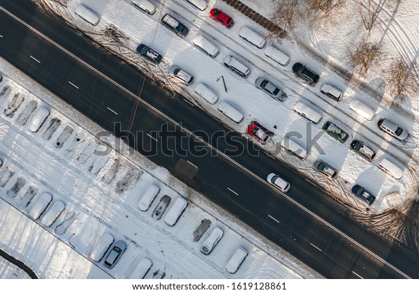 aerial vertical view over\
the street