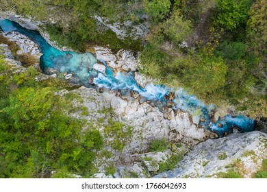 Aerial Vertical View Over The Surface Of A Mountain River Soca,Slovenia