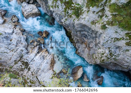 Aerial Vertical View Over The Surface Of A Mountain River Soca,Slovenia