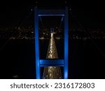 Aerial view of 15 July Martyrs Bridge with blue light in the evening (15 Temmuz Şehitler Köprüsü)