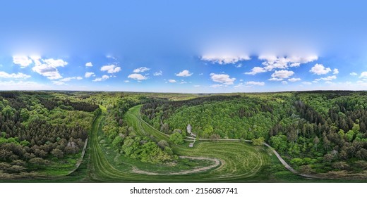 Aerial View. 360 Degrees. Aerial View. Landscape With Forest, Meadows, Stone Path In The Lone Valley. Swabian Jura, Germany.