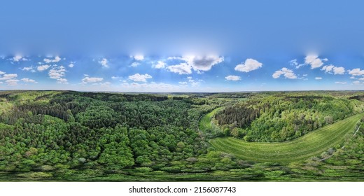 Aerial View. 360 Degrees. Aerial View. Landscape With Forest, Meadows, Stone Path In The Lone Valley. Swabian Jura, Germany.