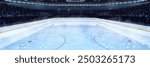 Aerial view. 3D model of empty ice rink, hockey arena before game. Stands with crowd and happy fans. 3D render illustration background. Concept of sport active lifestyle, support, motion. Ad