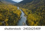 An aerial view of 6 Mile Creek in Hope, Alaska, with the colorful autumn foliage