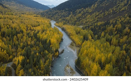 An aerial view of 6 Mile Creek in Hope, Alaska, with the colorful autumn foliage