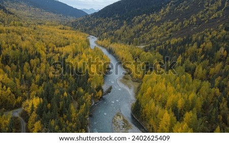 An aerial view of 6 Mile Creek in Hope, Alaska, with the colorful autumn foliage