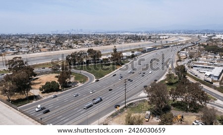 Aerial view of the 710 freeway as it passes through Bell and Bell Gardens, California, USA.
