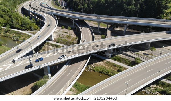 Aerial view of the A3 highway interchange in\
Zurich, Switzerland