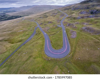 An aerial view of the A4069 known as the Black Mountain Pass in South Wales UK often used in a popular TV car series because of the fast winding roads