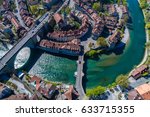 Aerial view of the Aare river flowing around the  Bern old town  on a sunny day, Bern, Switzerland.