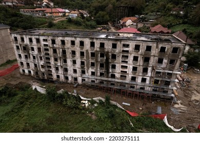 Aerial View Of Abandoned And Disaffected Communist Building In Resita, Romania