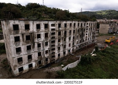 Aerial View Of Abandoned And Disaffected Communist Building In Resita, Romania