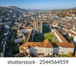 Aerial view of Abbey of St Gall and old town of St Gallen. The Abbey of Saint Gall is a dissolved abbey in a Catholic religious complex in the city of St. Gallen in Switzerland.