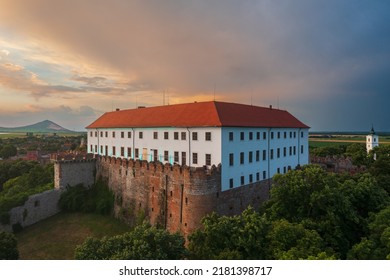 Aerial view about Castle of Siklós, which located at the southern foot of the Villány mountains. Spectacular summer sunrise at the background. - Shutterstock ID 2181398717