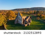 Aerial view about Ecseri Church ruins at Révfülöp. Hungarian name is Ecséri templomrom. Autumn landscape.