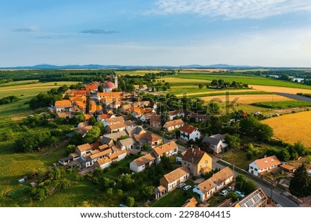 Aerial view about Palkonya which is a one-street village located at the northeastern end of the Villany Mountains, Winecountry. Famous about mostly small and medium-sized family wineries.