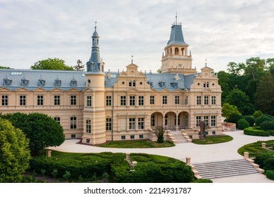 Aerial view about the period-correctly renovated Wenckheim Palace at Szabadkígyós, Hungary.  It was built between 1875 and 1879 based on the plans of Miklós Ybl. - Shutterstock ID 2214931787