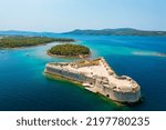 Aerial view about St. Nicholas Fortress (Croatian: Tvrđava sv. Nikole) which located at the entrance to St. Anthony Channel, near the town of Šibenik in central Dalmatia, Croatia.