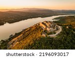 Aerial view about the Visegrad castle in Hungary, near to Danube river and slovakia. Hungarian name is Visegradi fellegvar. Discover the beauties of Hungary castle.