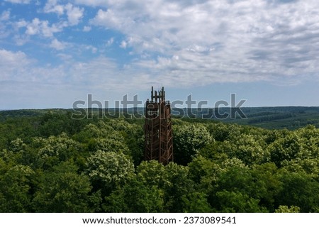 Aerial view about Zselic lookout tower next to star park observatory in Baranya county, Hungary.