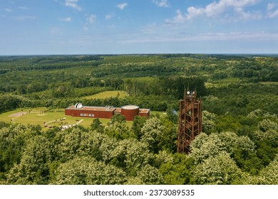 Aerial view about Zselic star park observatory and lookout tower in Baranya county, Hungary.