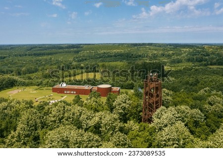 Aerial view about Zselic star park observatory and lookout tower in Baranya county, Hungary.