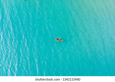 Aerial view above Beautiful views of the sea on the island and tourists kayaks.