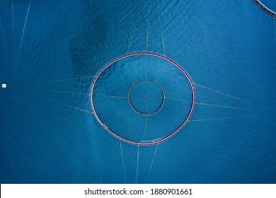 Aerial View Above A Fish Cage, Salmon Farming Industry In Vesteralen Islands, In North Norway, Dark, Gloomy Day - Top Down, Drone Shot