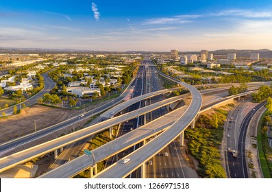 Aerial View Above A Freeway In Orange County California On A Sunny Day.