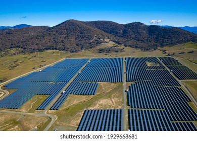 Aerial view above a large solar farm for renewable energy supply in Canberra, Australia 
