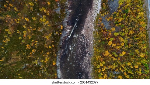 Aerial View Above Rapids, In Middle Of Autumn Color Foliage Forest, Sunny, Fall Day, In Finnmark, Nordland, Norway - Top Down, Drone Shot