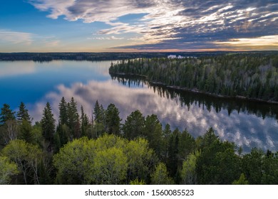 An aerial view from above an unnamed island on Eagle Lake, located in Northwest Ontario, Canada.