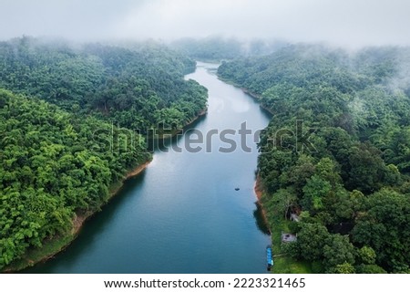 Aerial view of Abundance tropical rainforest with foggy and river flowing through in the morning at national park