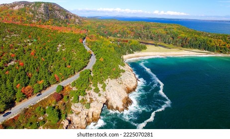 Aerial view of Acadia National Park in autumn season.