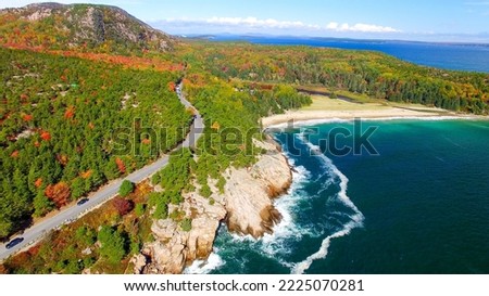 Aerial view of Acadia National Park in autumn season.