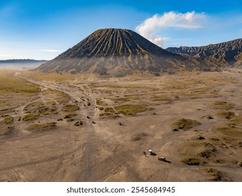 Aerial view of adventure off-road car on path to Mount Bromo volcano, East Java, Surabuya, Indonesia - Powered by Shutterstock