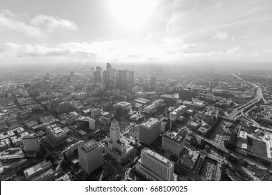 Aerial View Of Afternoon Clouds Over Downtown Los Angeles In Black And White.  