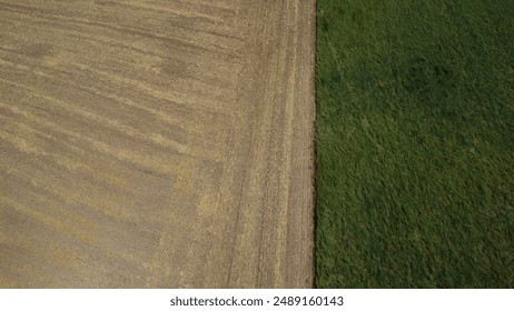 Aerial view of agricultural landscape showing contrast between plowed field and lush green pasture. Geometric patterns in farmland highlight rural scenery and land use. - Powered by Shutterstock