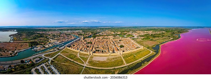 The aerial view of Aigues-Mortes, a medieval city surronded by walls in the Occitanie region of southern France